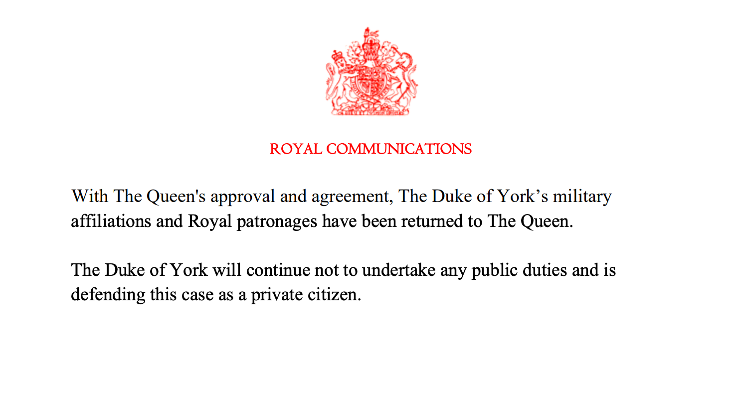 英國白金漢宮發出聲明，約克公爵安德魯王子的軍事隸屬關係與王室贊助權等多個頭銜身分，已經歸還給女王，未來將以普通公民身分辯護。   圖：翻攝自英國王室