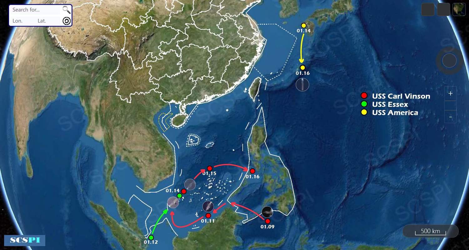 美軍西太平洋大型艦艇部署，1月16日「卡爾文森號(CVN-70)」航母和「艾塞克斯號(LHD-2)」兩棲攻擊艦已移動到菲律賓蘇祿海北部。 圖：翻攝 SCS Probing Initiative推特
