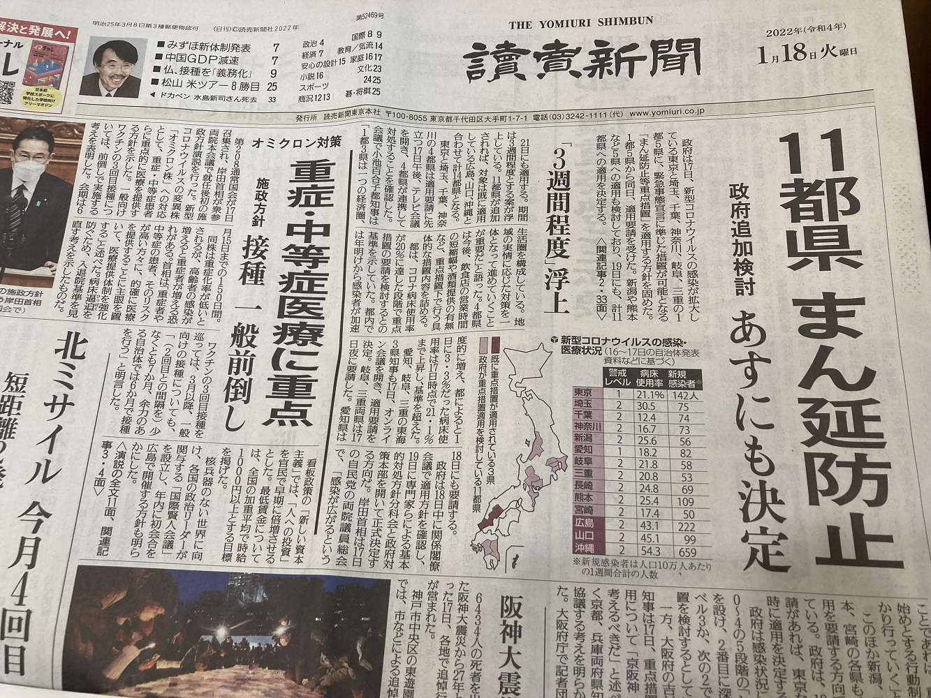 日本確診破表，必須實施「防止蔓延重點措施」的都縣越來越多。 圖：攝自讀賣新聞