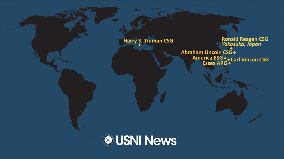 美國海軍航空母艦、兩棲突擊艦作戰群海外最新部署狀況，除了「杜魯門號(CVN-75)」航艦戰鬥群在地中海海域之外，其餘包括「雷根號(CVN-76)」、「林肯號(CVN-72)」、「卡爾文森號(CVN-70)」航空母艦及「美利堅號(LHA-6)」、「艾塞克斯號(LHD-2)」兩棲突擊艦等都在西太平洋區域聚集。   圖：翻攝USNI網頁