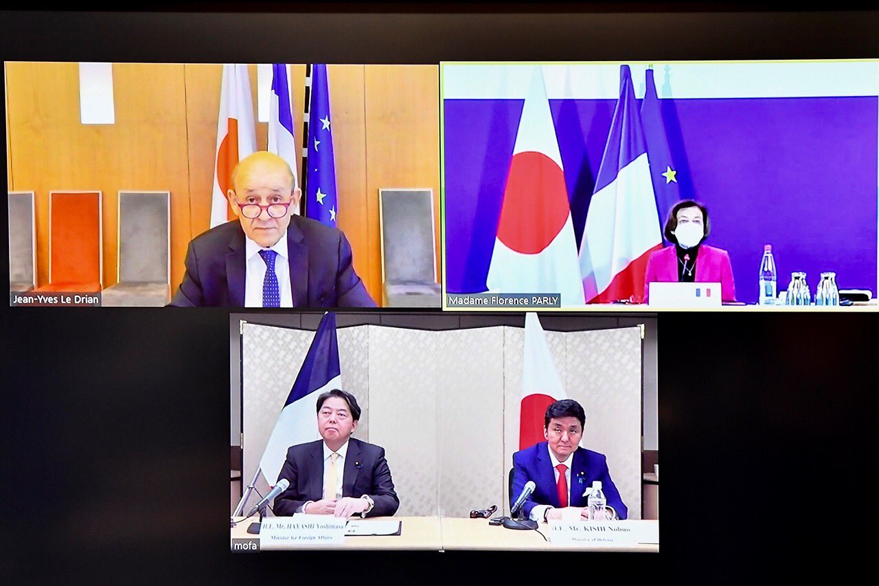 日本與法國的國防與外交部長昨舉行2加2會談   圖：翻攝自日本防衛省推特