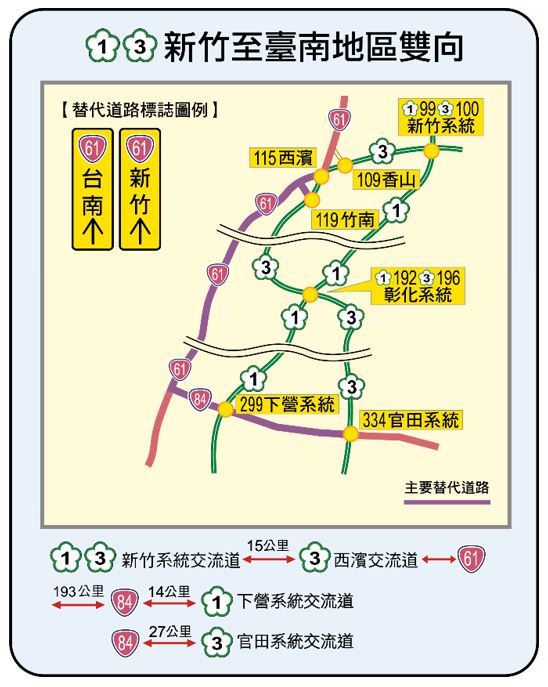 春節國1國3新竹-台南地區雙向替代道路圖。   圖：交通部高速公路局／提供