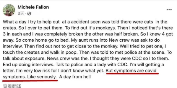 接觸到實驗用逃跑猴子的美國婦女稱，出現類似新冠肺炎的症狀。   圖 : 翻攝自推特