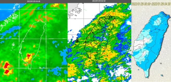 今天4：40紅外線雲圖顯示，台灣上空中雲層籠罩(左)。4：50雷達回波合成圖顯示，降水回波籠罩全台(中)。4：30雨量累積圖顯示，各地有雨，雨量仍顯現東、西的差異(右)。   圖/「三立準氣象· 老大洩天機」專欄
