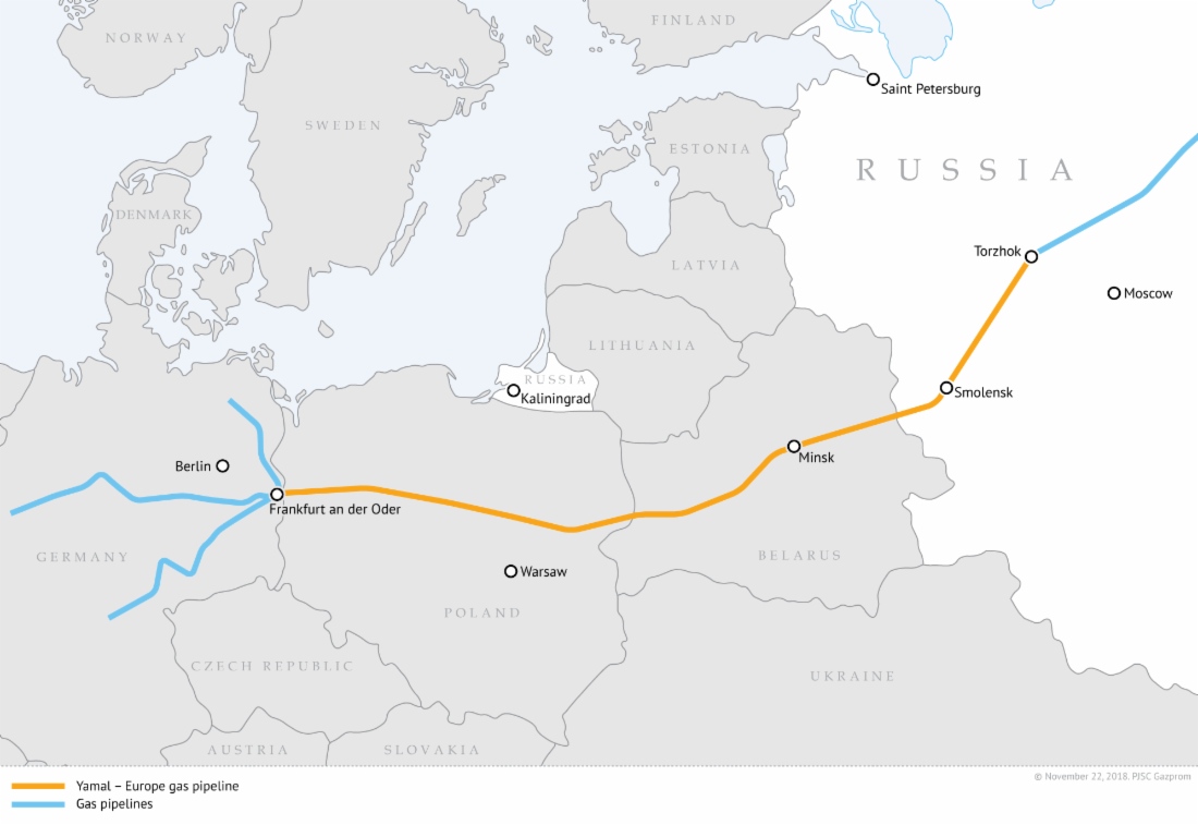 亞瑪-歐洲天然氣輸氣管連結俄羅斯、白俄羅斯、波蘭和德國   圖：翻攝自俄羅斯天然氣工業股份有限公司網站