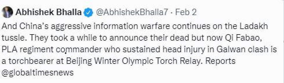 印媒記者Abhishek Bhalla指控中國經過一段時間才公布衝突事件傷亡人數，並對奧運火炬手人選表示抗議。   圖：翻攝自Abhishek Bhalla 推特