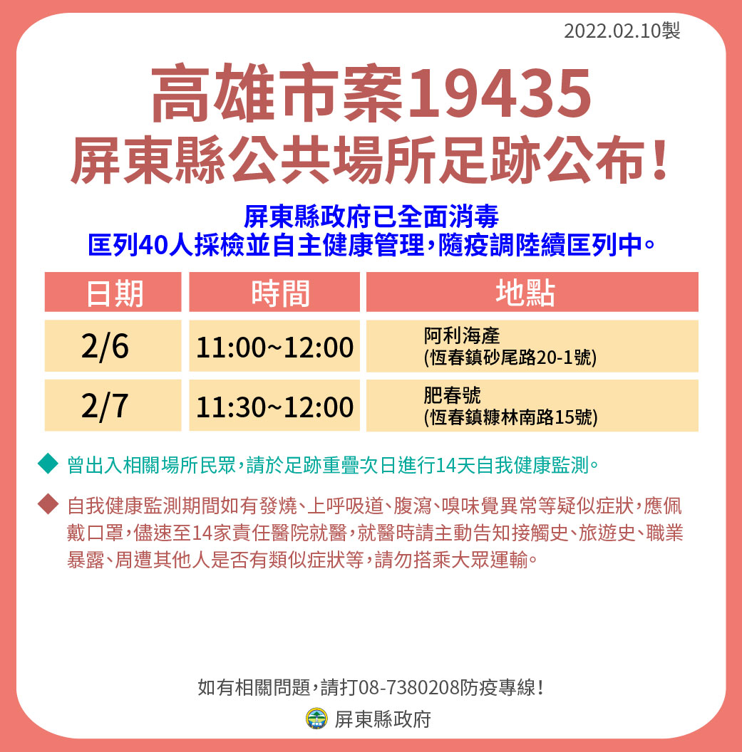 今日高雄新增1確診個案（案19435）也曾於2月6、7日到訪過屏東恆春鎮。   圖：擷取自潘孟安臉書