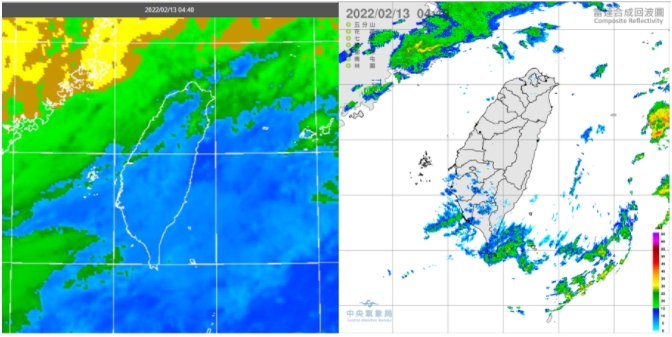 今晨台灣附近稀疏的中層雲逐漸增多(左圖)；南部有微弱而零星的降水回波(右圖)、無降雨。   來源：「三立準氣象· 老大洩天機」專欄