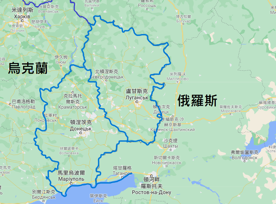 俄羅斯承認烏克蘭東部頓巴斯地區的頓內次克人民共和國( DNR )、盧干斯克人民共和國( LNR )。   圖:google map/新頭殼合成