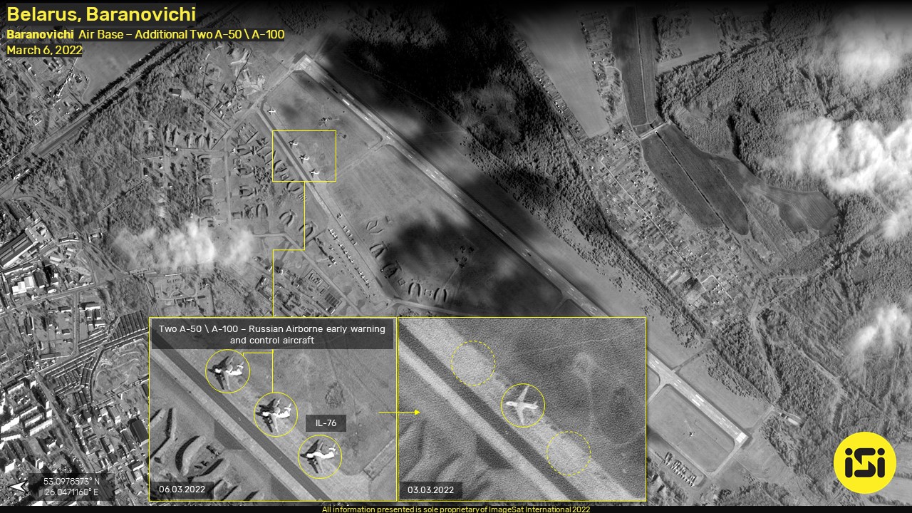 衛星空照圖曝光白俄羅斯西部巴拉諾維奇空軍基地(Baranovichi Air Base)，3月6日停機坪上停放至少2架A-50「熊蜂」或A-100「Premier」空中預警機，以及1架伊留申-76(IL-76)大型運輸機。   圖：翻攝ImageSat Intl.推特