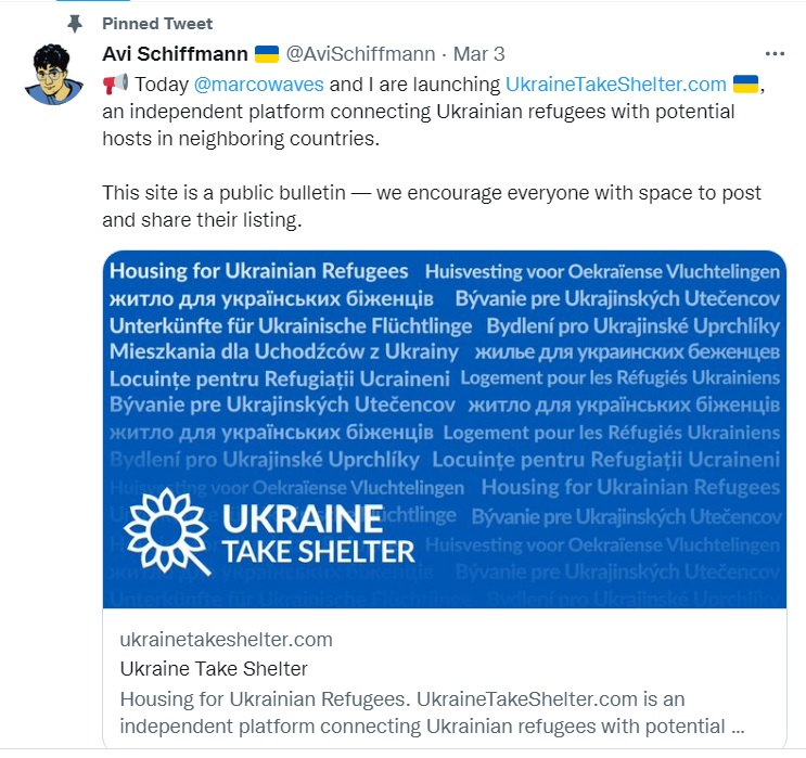 美國哈佛大學學生史契夫曼找學弟3天只睡5小時，緊急推出1個快速、精簡版的Airbnb──「Ukraine Take Shelter」網站，幫助烏克蘭難民找住處。   圖：翻攝自史契夫曼推特