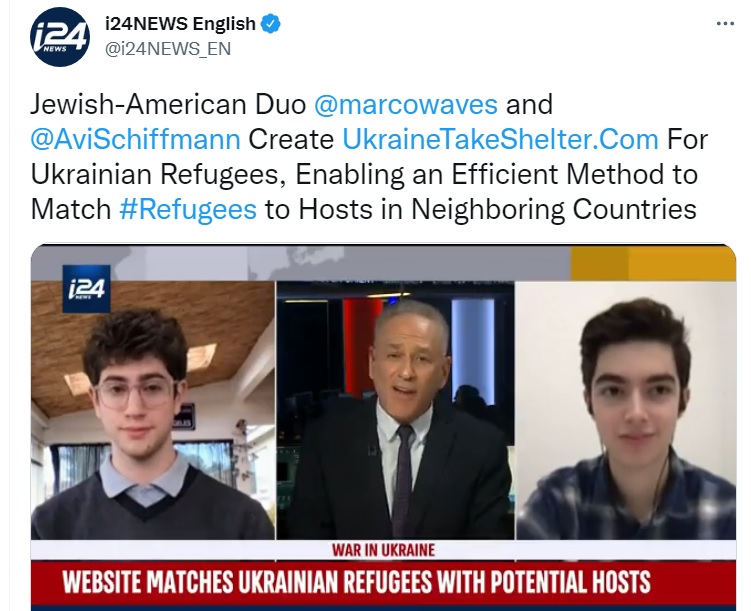 2名美國哈佛大學學生史契夫曼（左）與伯斯坦（右）雖然遠在烏克蘭萬里之外，仍發揮自己專長伸出援手，國際媒體紛紛報導。   圖：翻攝自i24NEWS English推特
