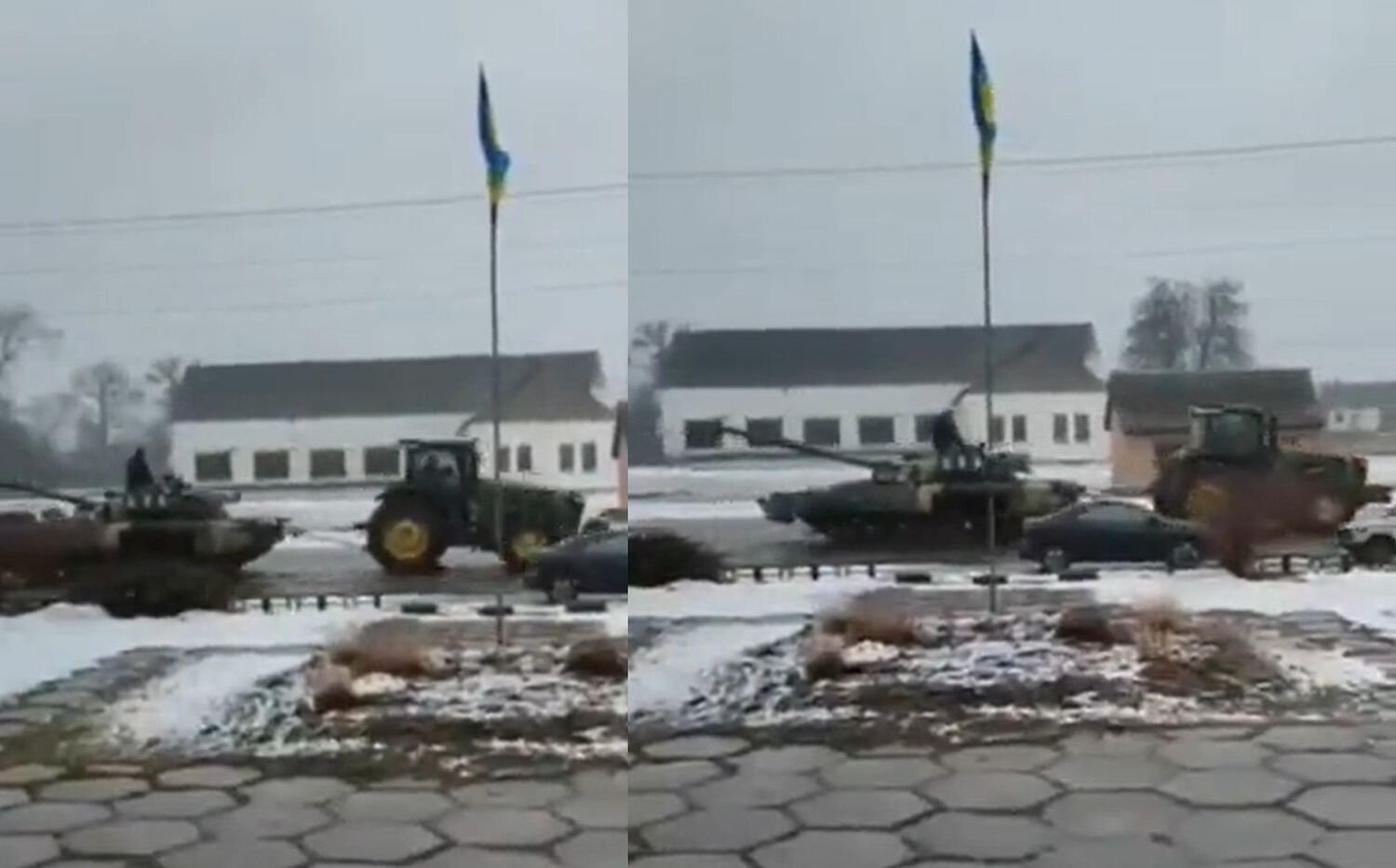 烏克蘭農夫開著拖拉車拖走俄軍拋棄的坦克。   圖：翻攝推特（資料照）