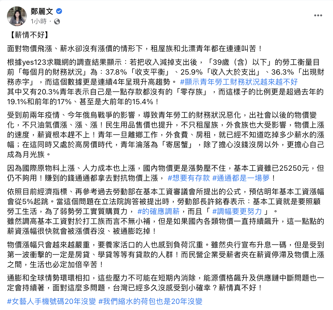 北漂青年和租屋族都在叫苦！鄭麗文 : 物價在飆 薪水卻沒跟上