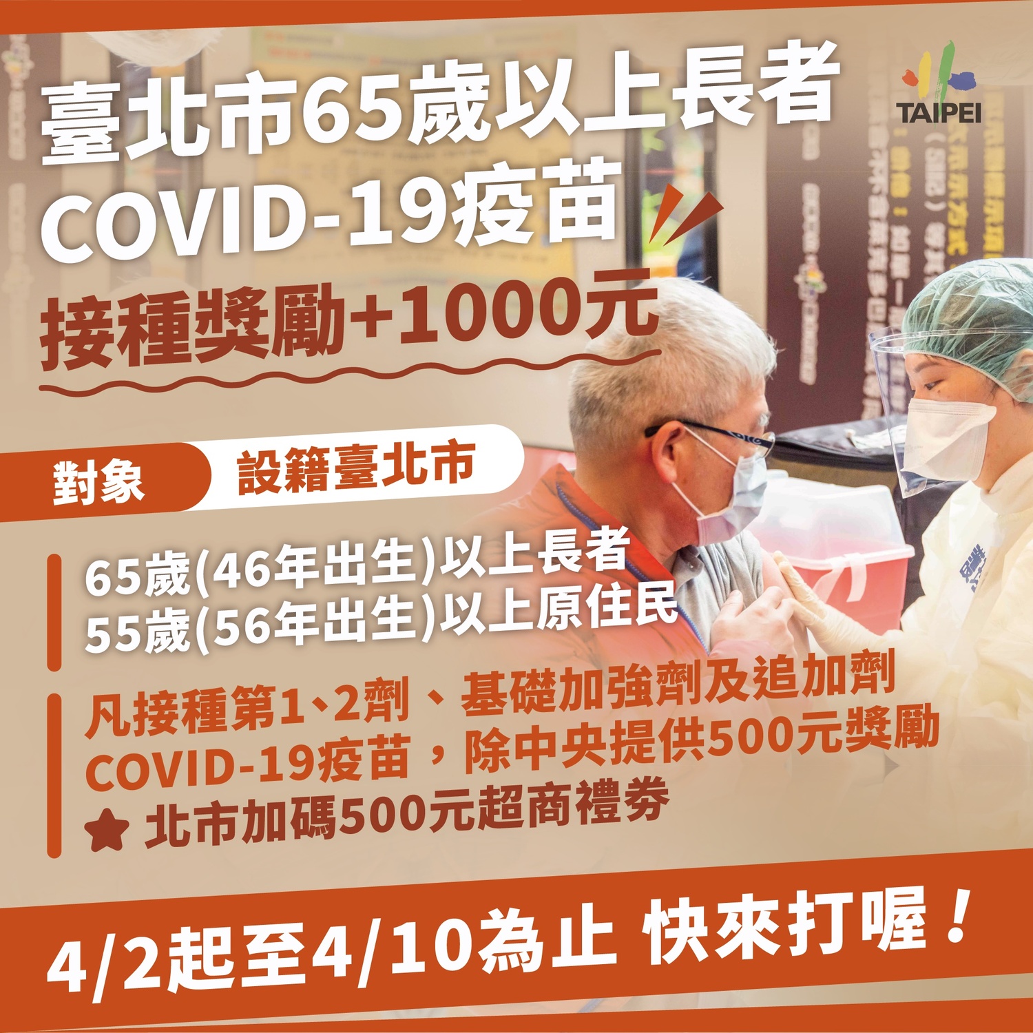 鼓勵長者增加保護力！北市推65歲以上打疫苗可領1000元禮券