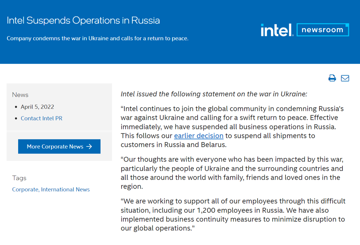 晶片大廠為烏克蘭發聲！英特爾暫停在俄羅斯所有業務