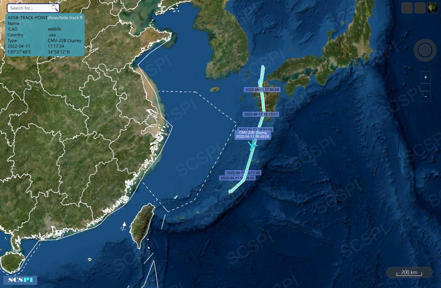 中國智庫「南海戰略態勢感知計劃」依CMV-22B「魚鷹」旋翼機飛行軌跡研判，CVN-72在11日下午經對馬海峽進入朝鮮半島東部海域。   圖：翻攝SCS Probing Initiative推特