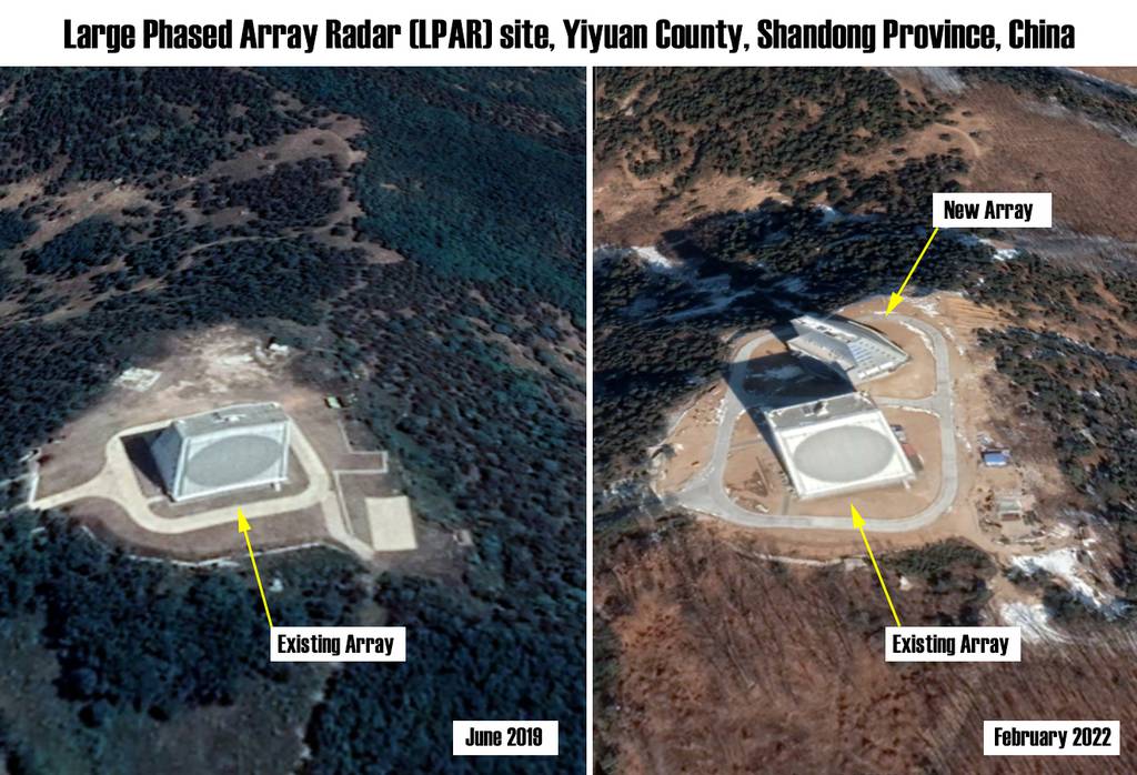 美國《防務新聞》網站以衛星照片佐證，指中國在山東山區建置類似美軍「鋪路爪」的長程預警雷達，指偵蒐範圍可能涵蓋日本全境。   圖：Maxar Technologies