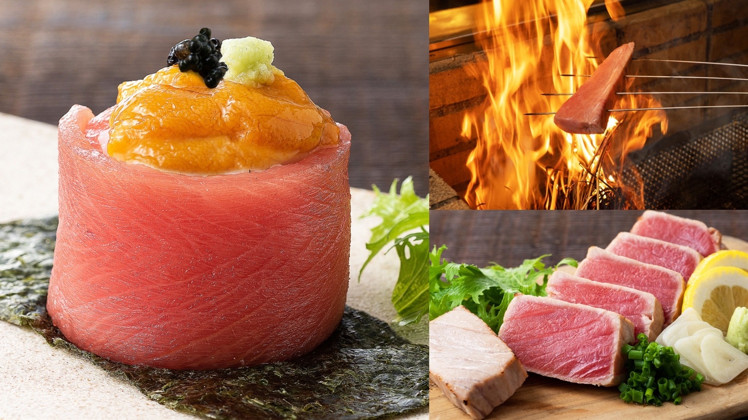 (左)美味的鮪魚中腹肉軍艦壽司，(右)使用稻草燒烤而成的「稻草燻燒中腹肉」。   圖：ⒸDAISYO