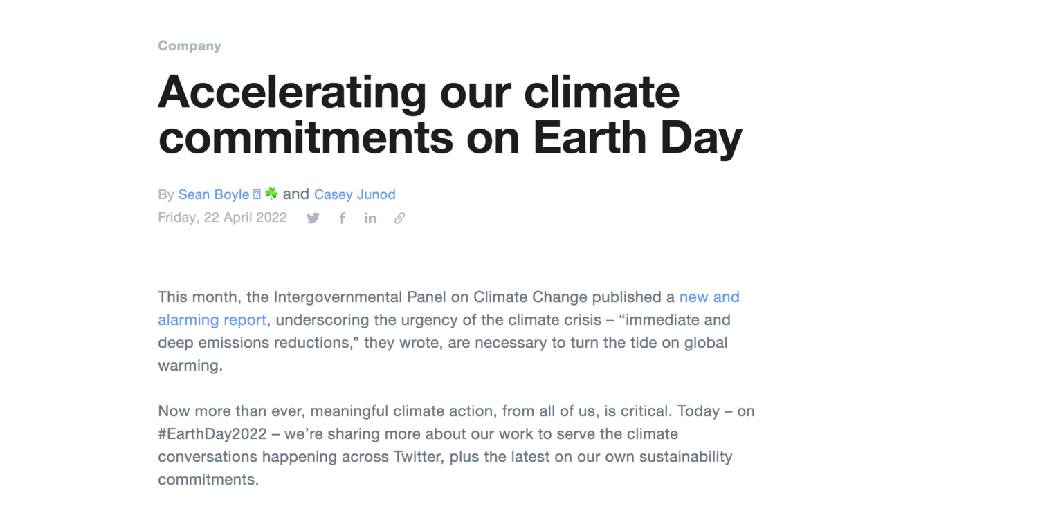 推特於世界地球日在官方部落格中公佈禁止反氣候變遷廣告的政策，並表示將持續關注氣候變遷的議題。   圖：截自推特官方部落格
