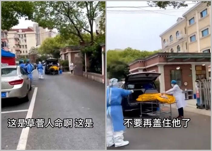 上海驚傳「活人裝屍」，拍攝民眾直呼草菅人命，殯儀館人員也阻止福利院人員再把老人蓋上黃布。   圖：翻攝微博