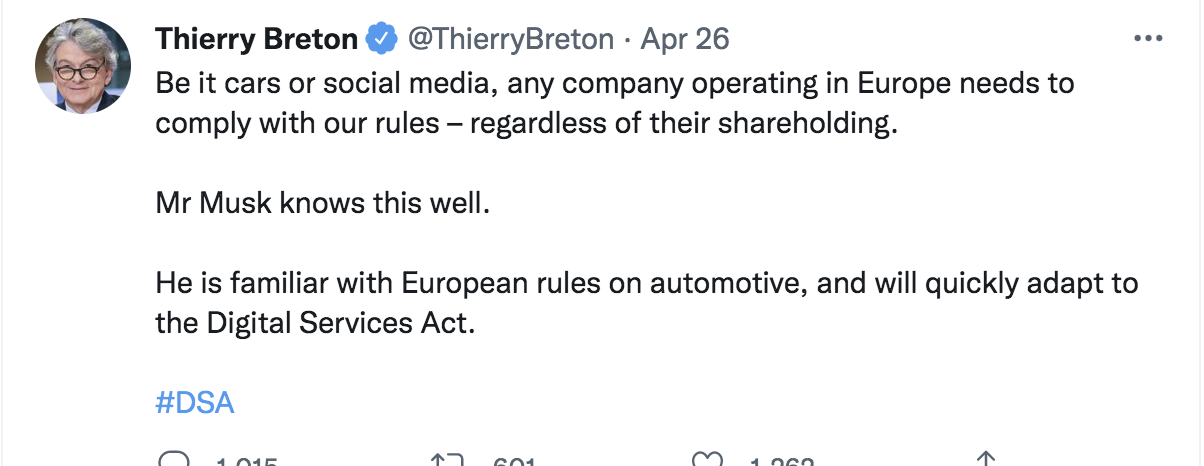 Thierry Brenton曾在推特中抨擊馬斯克收購推特後的承諾，表示馬斯克應該遵守歐盟的「數位服務法案」。   圖：截自Thierry Brenton推特