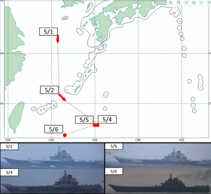 樞密院十號指出，遼寧艦編隊以 V 字航行到台灣東部。   圖：翻攝自騰訊網
