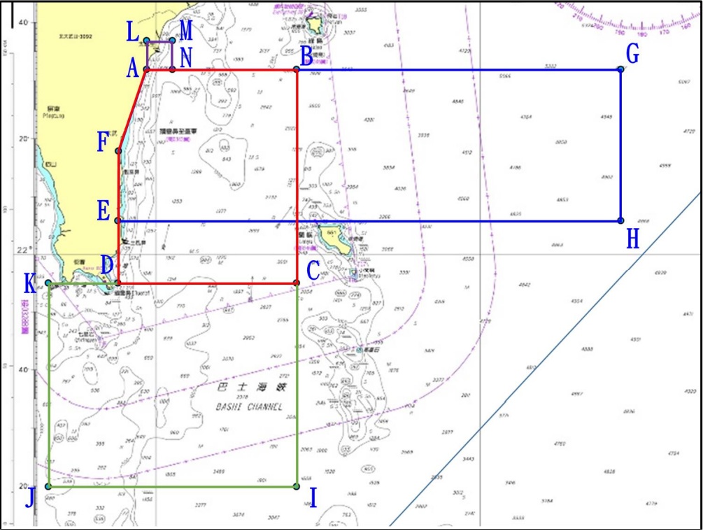 海軍在台灣東南海空域飛彈試射演習，範圍從屏東九鵬基地向太平洋延伸，穿越綠島及蘭嶼中間海域。   圖：翻攝漁業署轉發管制範圍示意圖