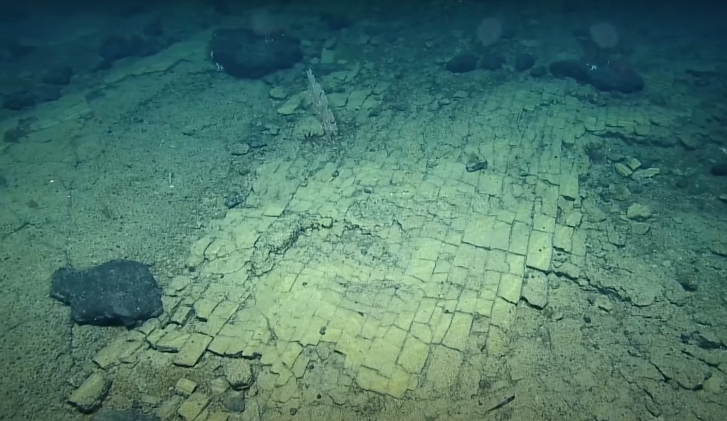 科學家在海底一個山脊上發現看似黃磚鋪成的道路。   圖:截自YouTube頻道 EVNautilus