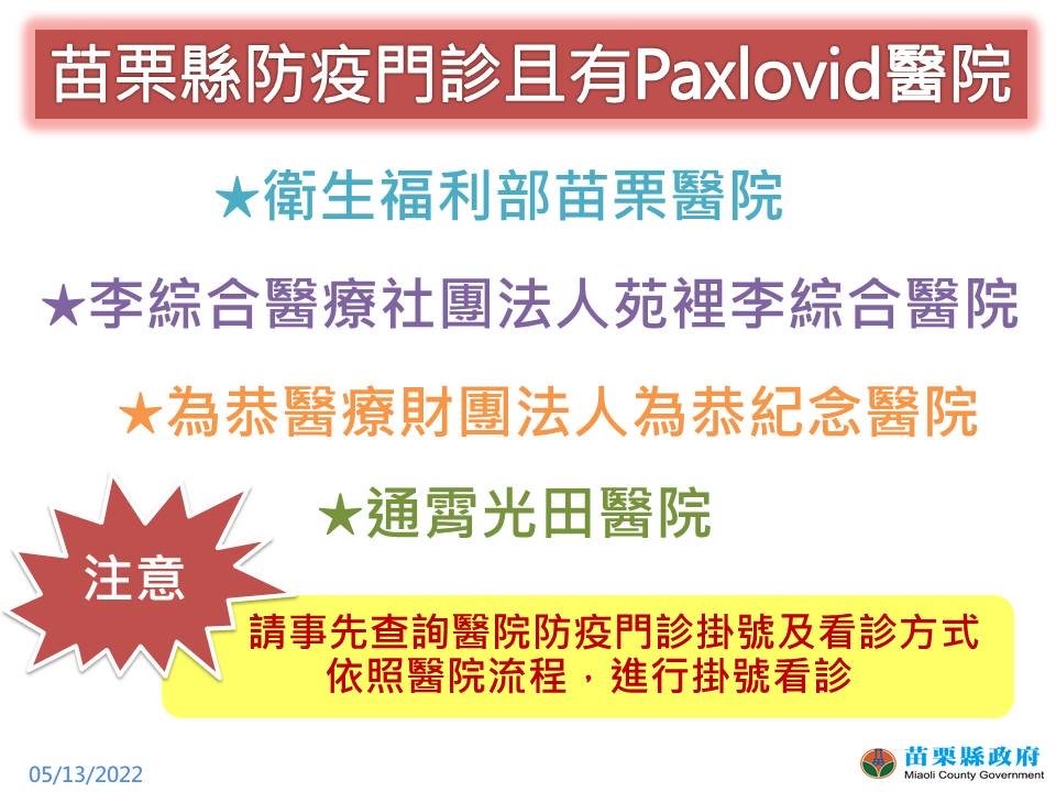 苗栗縣政府公布配有「Paxlovid」抗病毒藥物的4家醫院。   圖：擷取自徐耀昌臉書