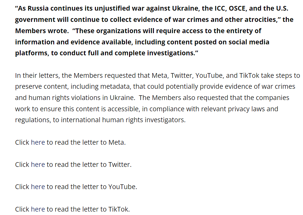 4名民主黨代表已致函給YouTube、TikTok、Meta和推特4家科技巨頭的首席執行長，要求他們上傳可用作俄羅斯在烏克蘭犯下戰爭罪行的證據內容。   圖：翻攝自美國國會官網