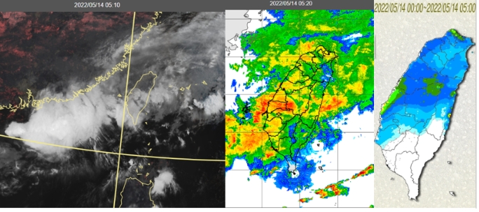 今(14日)晨5：10真實色雲圖顯示，滯留鋒的雲系移入台灣(左圖)；5：20雷達回波合成圖顯示，伴隨降水回波(中圖)；5時累積雨量圖顯示，降雨範圍已擴大至台南(右圖)。   圖/「三立準氣象．老大洩天機」專欄