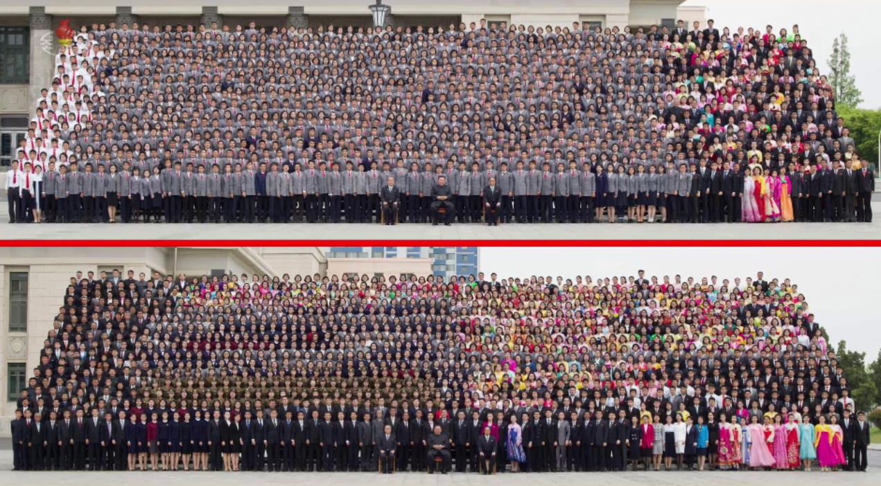 4月25日舉行的建軍節活動中，金正恩與上萬人脫罩大合影，被認為是此波疫情大規模擴散的主因   圖：擷取自朝鮮中央電視台