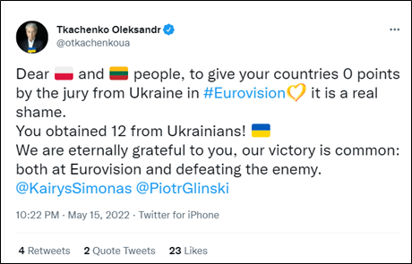 烏克蘭文化與信息部長特卡琴科在社交平台上向立陶宛、波蘭民眾發文道歉。   圖:翻攝自推特