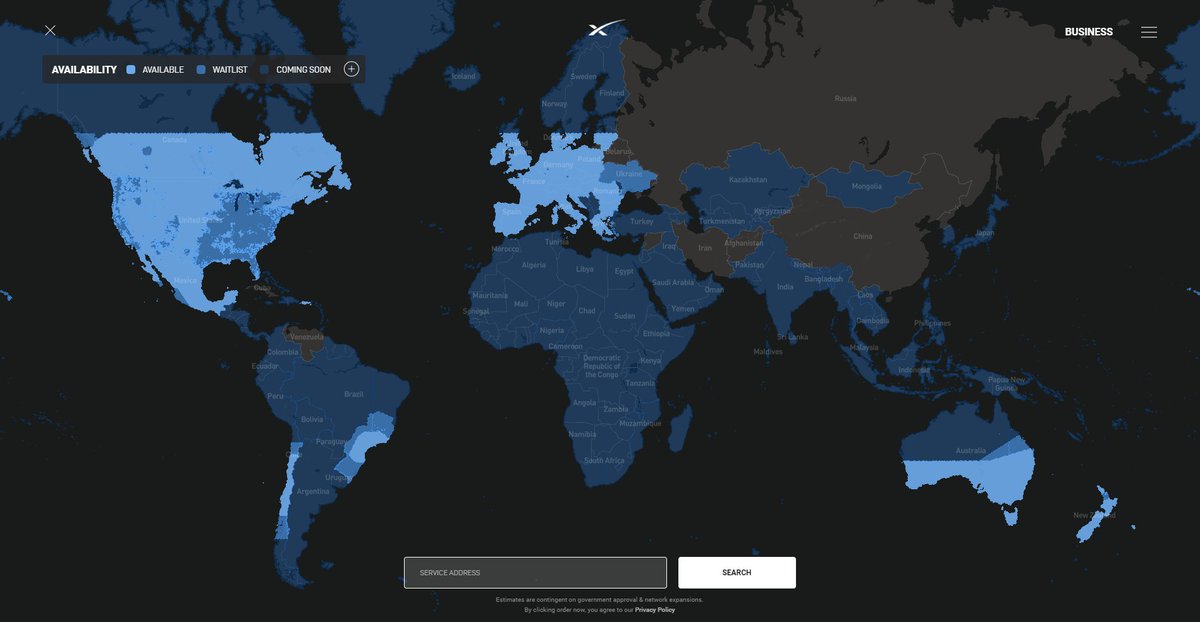Starlink公佈目前網路服務範圍的地圖，共有32個國家可以享受高速網路服務。   圖：取自Starlink推特