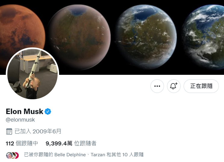 在世界首富馬斯克（Elon Musk）近9400萬的推特粉絲中，有超過70%可能是假的。   圖：翻攝自Elon Musk Twitter