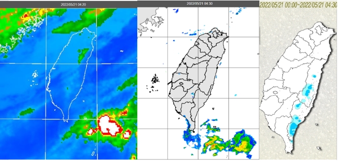 今(21日)晨4：20紅外線色調強化雲圖顯示，對流雲在台灣東南方海面，台灣上空雲層稀疏(左圖)；4：30雷達回波合成圖顯示，台灣上空無降水回波(中圖)；4：30累積雨量圖顯示，東半部有局部降雨(右圖)。   圖/「三立準氣象· 老大洩天機」