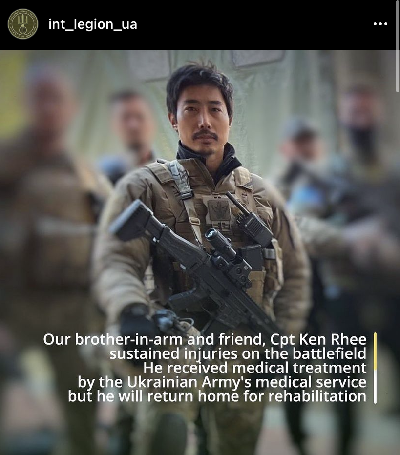 烏克蘭領土防衛國際軍團在 Instagram 發文表示，李根在戰場上受傷，有接受當地緊急醫療照護，仍決定讓他返韓治療。   圖：截圖自烏克蘭領土防衛國際軍團IG