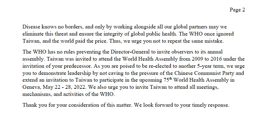 信中並強調「世界能從台灣全面參與世衛組織中受益」。   圖：截至Buddy Carter推特
