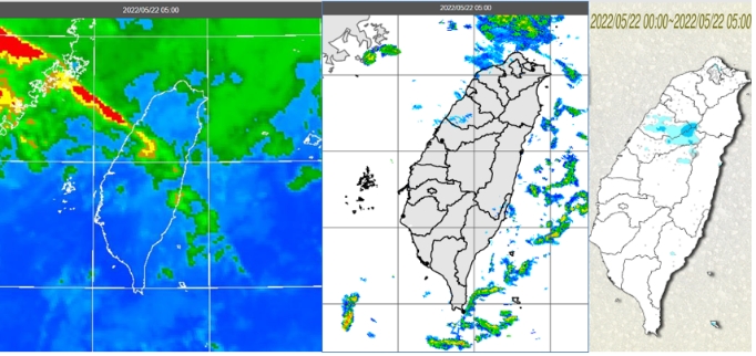 今(22日)晨5時紅外線色調強化雲圖顯示，中部以北及東半部有較多的中低雲(左圖)；5時雷達回波合成圖顯示，降水回波並不明顯(中圖)；5時累積雨量圖顯示，中部以北及東半部有局部零星降雨(右圖)。   圖/「三立準氣象· 老大洩天機」