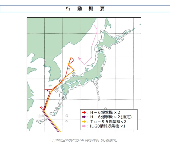 中、俄戰機首次在西太平洋的聯合戰略巡航路徑圖。   圖 : 翻攝自日本自衛隊