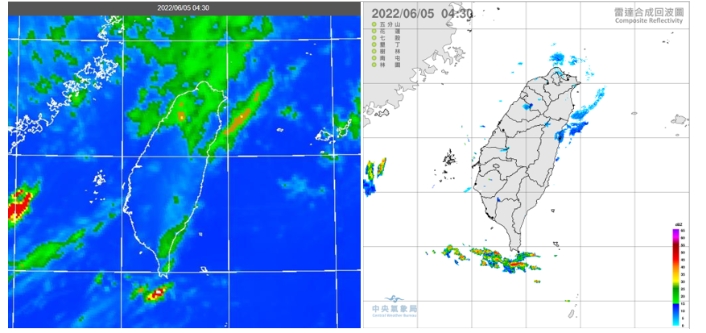 今(5)日4：30紅外線色調強化雲圖顯示，台灣上空有一些消散中的中高雲，巴士海峽有零星對流雲(左圖)。4：30雷達回波合成圖顯示，巴士海峽降水回波逐漸接近陸地(右圖)   圖/取自「三立準氣象．老大洩天機」專欄