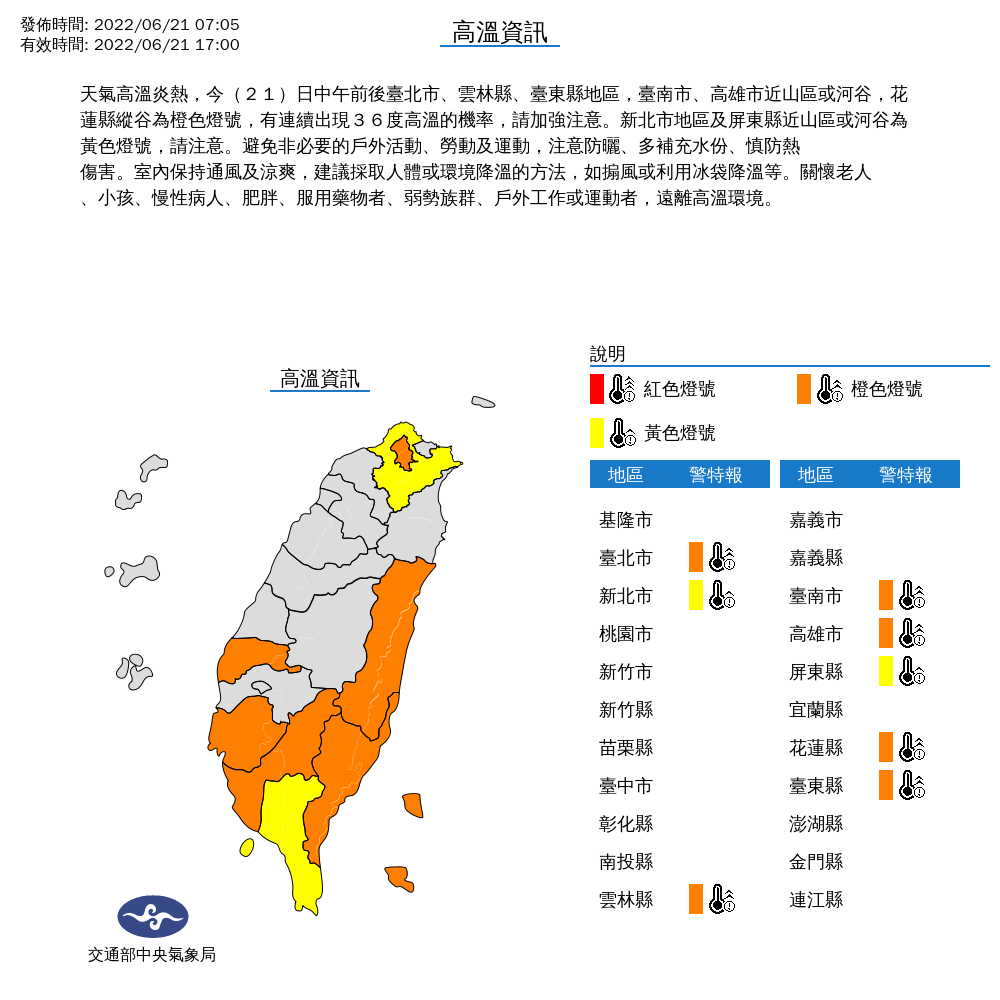 中央氣象局對8縣市發布高溫特報。   圖：中央氣象局／提供
