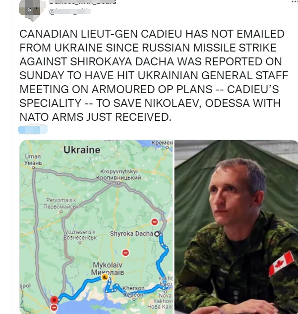 有網友稱加拿大陸軍中將卡迪厄自襲擊之後， 再也沒有從烏克蘭發送過郵件。   圖 : 翻攝自推特