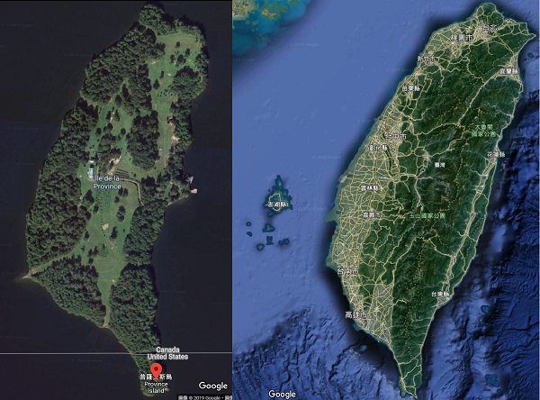 普羅文斯島不僅有直立蕃薯地形，且南端角延伸皆與台灣特徵相似，故稱之「平行台灣」。   圖：翻攝自google map