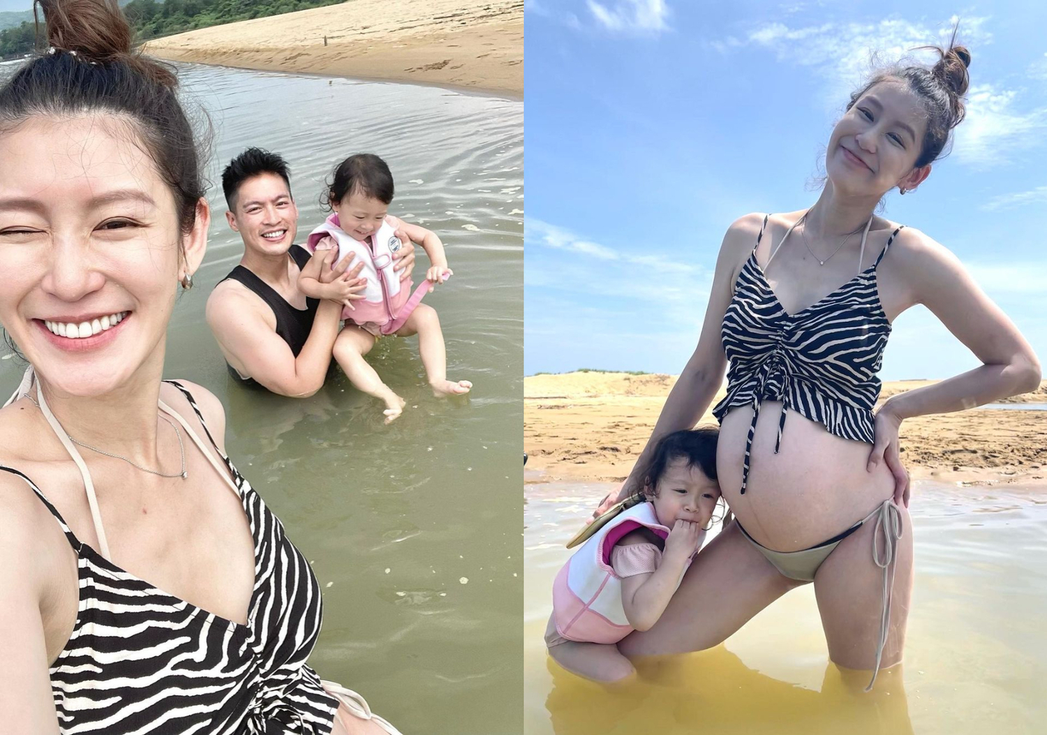 趙孟姿挺著9個月孕肚與老公許孟哲帶女兒到海邊體驗SUP(立式划槳)。   圖：翻攝自IG/chaochao1011