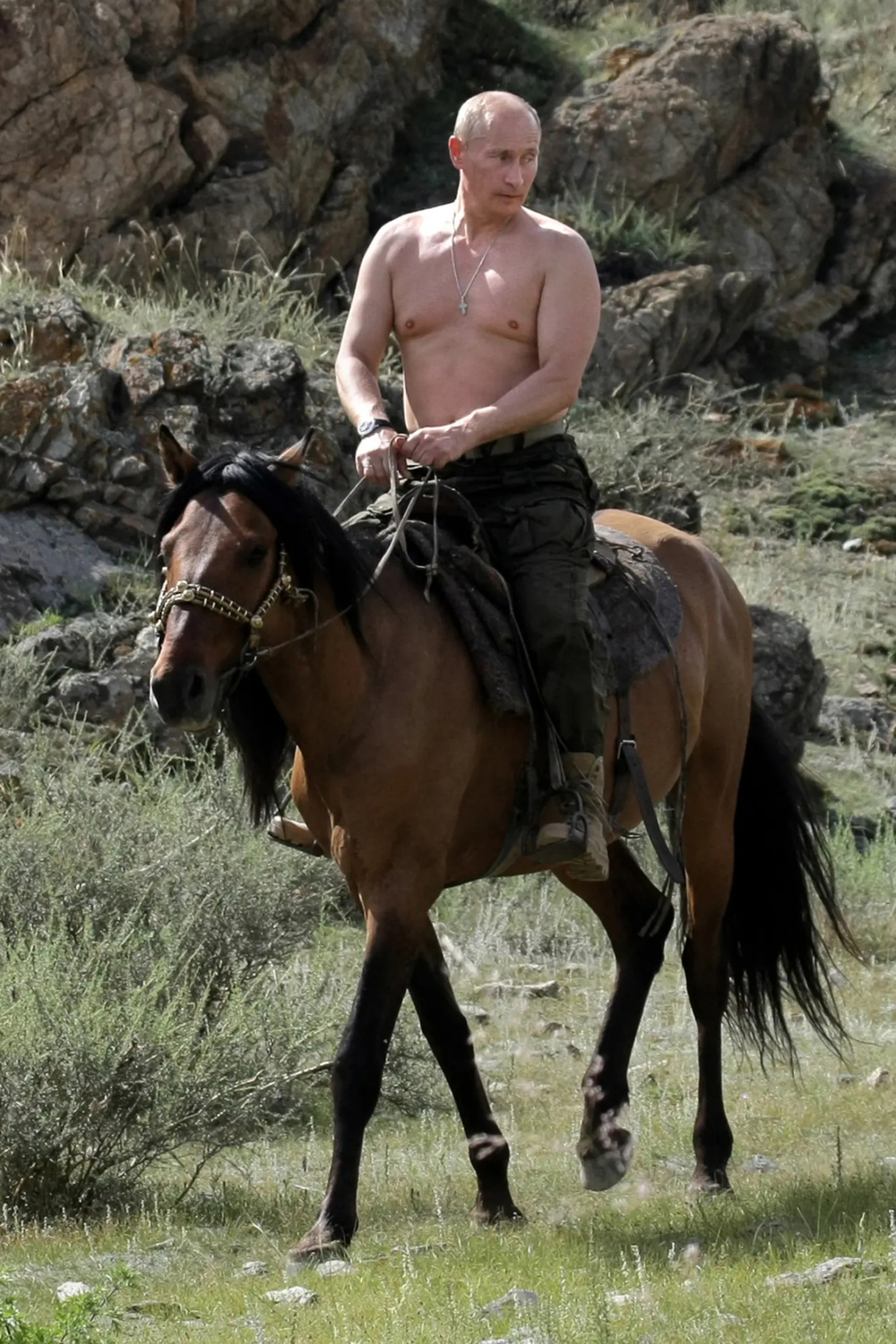 俄羅斯總統普丁（Vladimir Putin）赤裸上身騎馬照。   圖：擷取自環球網