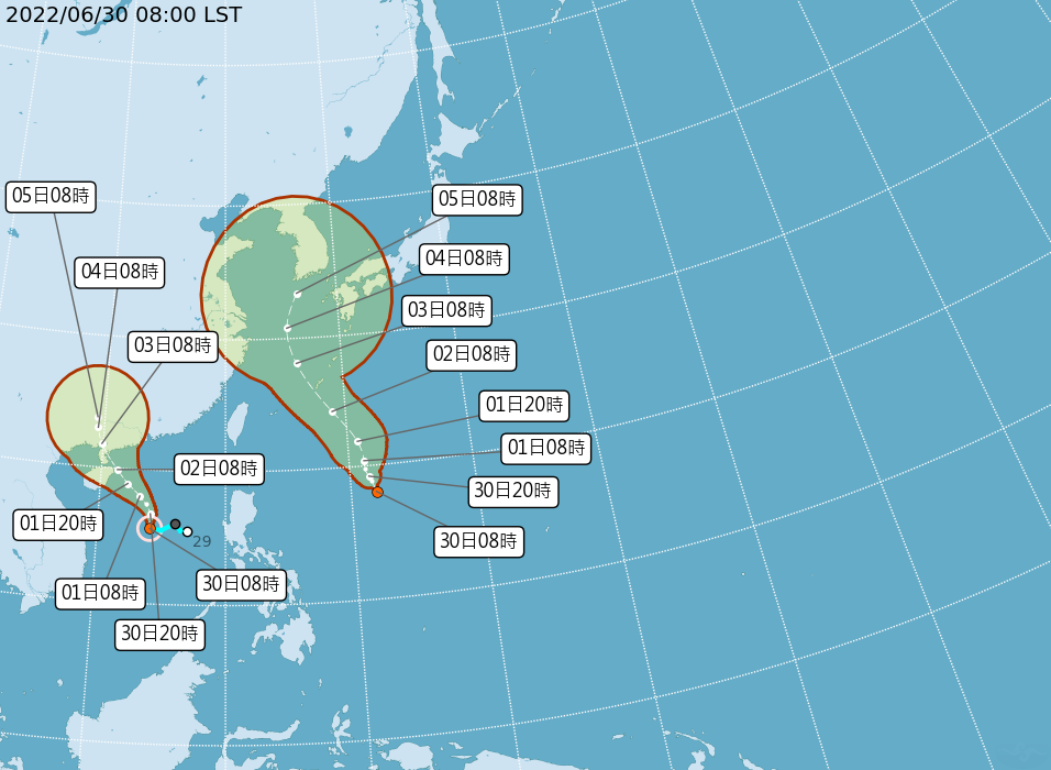 氣象專家吳德榮表示，明日至7/4台灣將在芙蓉颱風(左)及另一熱帶系統之間。   圖：中央氣象局／提供