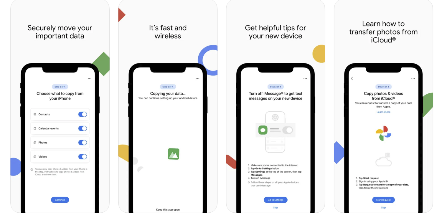 Google於今年4月推出「轉移Android」，iPhone用戶以無線方式將資料轉到Android手機。   圖：截自App Store