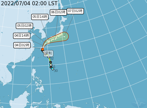 編號第04號的輕颱艾利，今天凌晨2時的中心位置在台北東北方700公里海面上，以每小時17公里速度，向北北東轉東北進行。   圖：中央氣象局/.提供